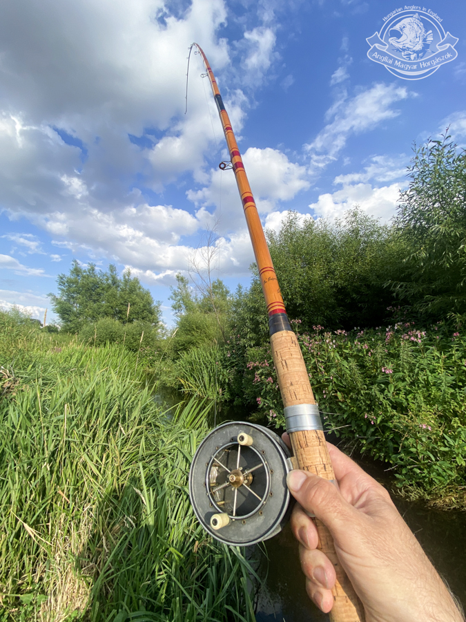 Karikába hajlik fáraszás közben a James Aspindale & Sons által készített korabeli nád úszatóbot, (Allcock Aerial Popular centrepin orsó, VintageMan Mayor klaszikus horgászúszó)